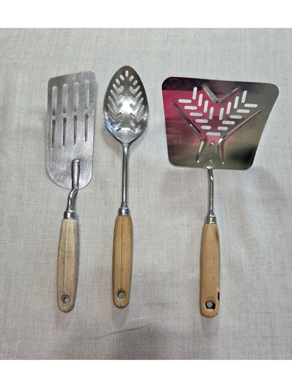 Vintage EKCO Eterna A&J Flipper Lifter 3 Pc Utensil Set Wood Handle Spatula USA
